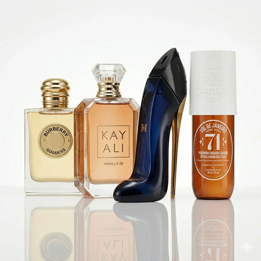 Set de 4 parfumuri | Burberry Goddess, Kayali Vanilla 28, CH Good Girl, Sol de Janeiro '71.